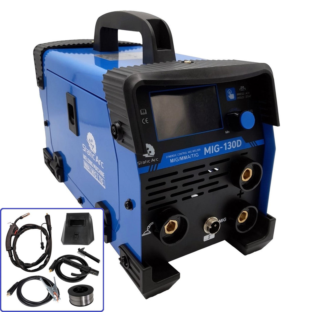 MIG 130D INVERTER GASLESS WELDER 3in1 SYNERGIC MMA ARC TIG LIFT NO GAS KIT 130A