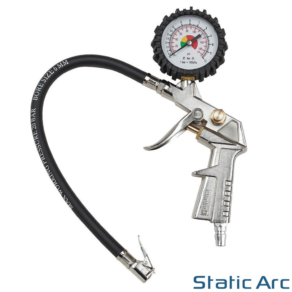 TYRE INFLATOR GUN w/ PRESSURE GAUGE AIR LINE COMPRESSOR GARAGE PUMP